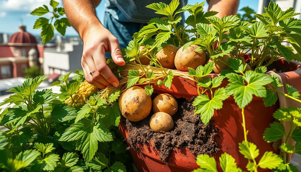raccolta patate in vaso